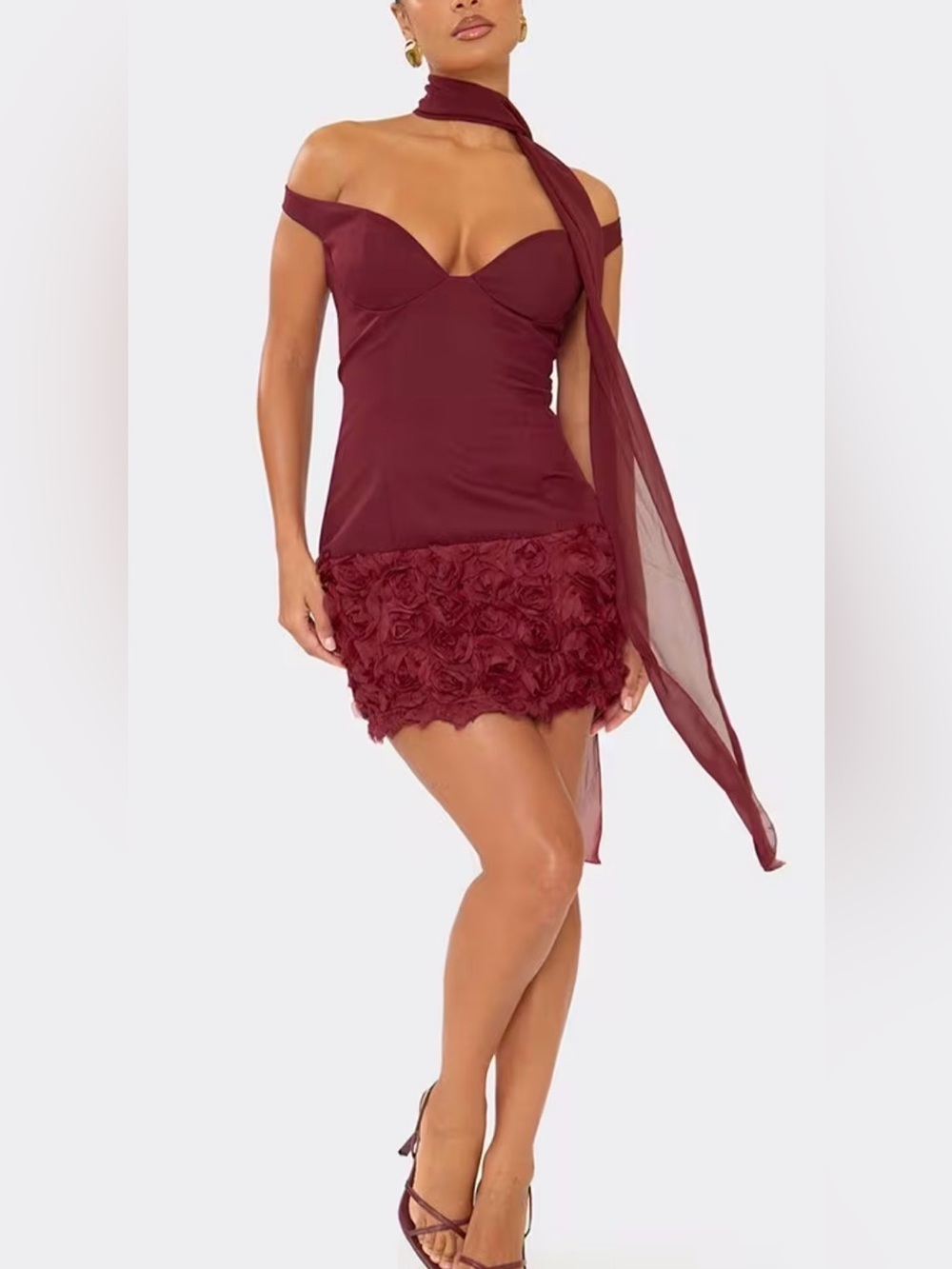 EGO Scarf Detail Floral Applique Panel Mini Dress Plum Size US 8 NWT IN PKG